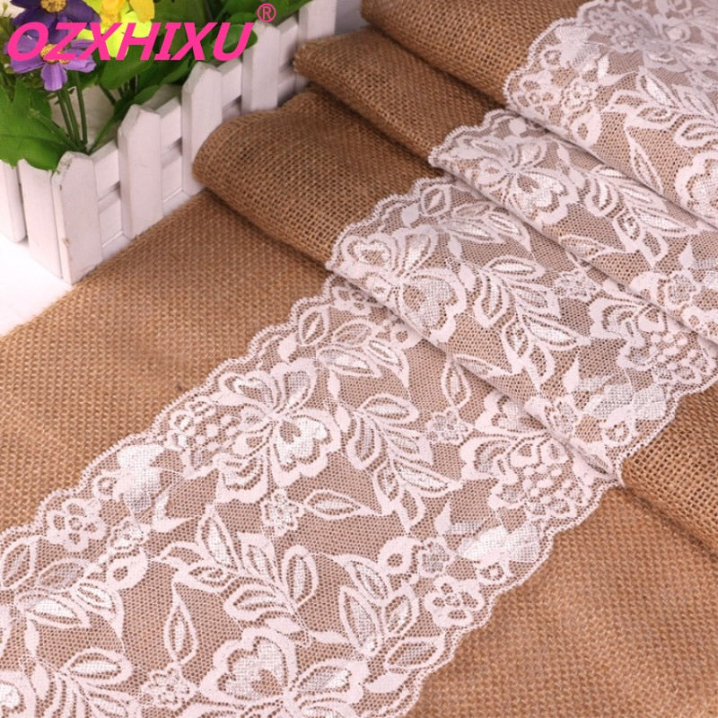 30cm*275cm Vintage White Christmas Lace Jute Table Runner Hessian Burlapon AA8208