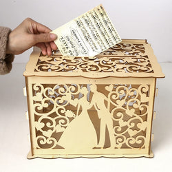 Wooden Wedding Card Box Cash Box  DIY Couple  Pattern Beautiful Wedding Decoration