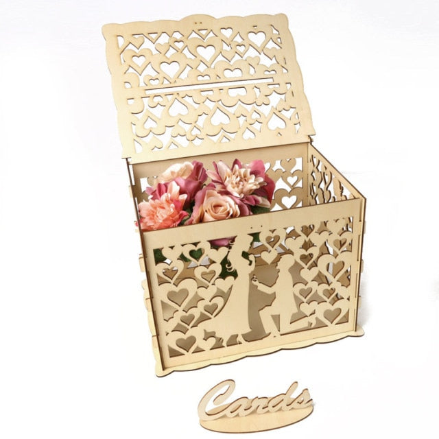 Wooden Wedding Card Box Cash Box  DIY Couple  Pattern Beautiful Wedding Decoration