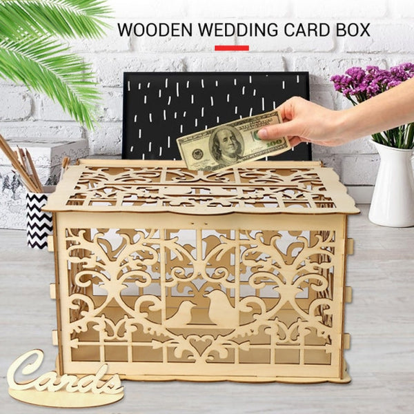 Wooden Wedding Card Box Cash Box  DIY Couple  Pattern Beautiful Wedding Decoration