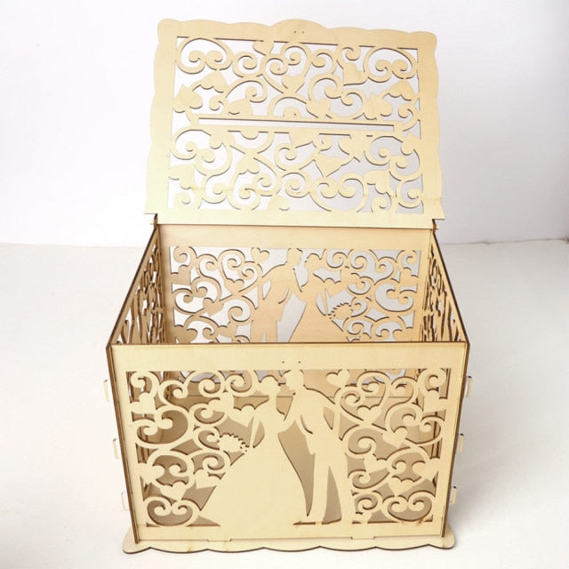 Wooden Wedding Card Box Cash Box  DIY Couple  Pattern Beautiful Wedding Decoration