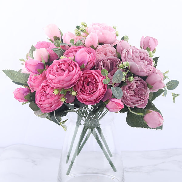 30cm Rose Pink Silk Peony Artificial Flowers Bouquet 5 Big Head and 4 Bud Cheap Fake Flowers for Home Wedding