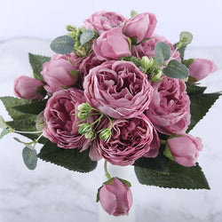 30cm Rose Pink Silk Peony Artificial Flowers Bouquet 5 Big Head and 4 Bud Cheap Fake Flowers for Home Wedding