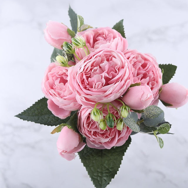 30cm Rose Pink Silk Peony Artificial Flowers Bouquet 5 Big Head and 4 Bud Cheap Fake Flowers for Home Wedding