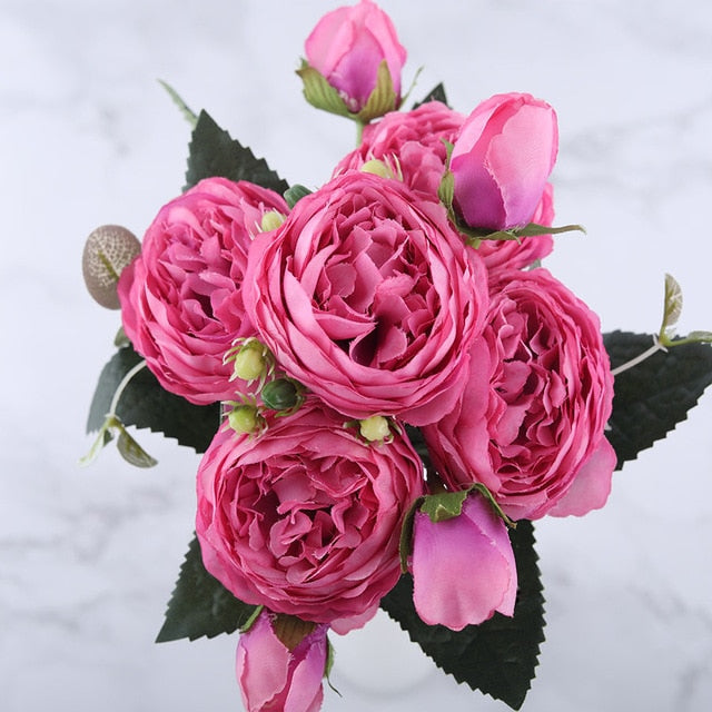 30cm Rose Pink Silk Peony Artificial Flowers Bouquet 5 Big Head and 4 Bud Cheap Fake Flowers for Home Wedding