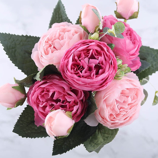 30cm Rose Pink Silk Peony Artificial Flowers Bouquet 5 Big Head and 4 Bud Cheap Fake Flowers for Home Wedding