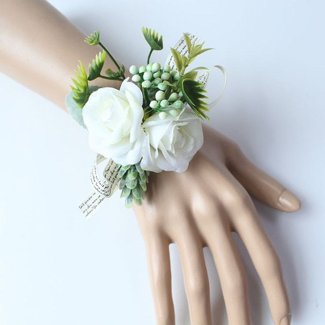 Men Boutonniere Buttonhole Rose Brooch Bride Wedding Wrist Corsage Bracelet