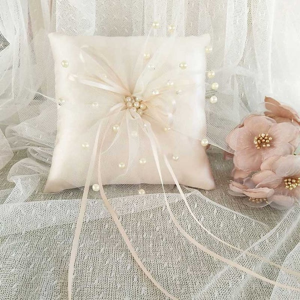 Champagne Lace Ribbon Wedding Ring Pillow 15x15cm Flower Pearl Decorative