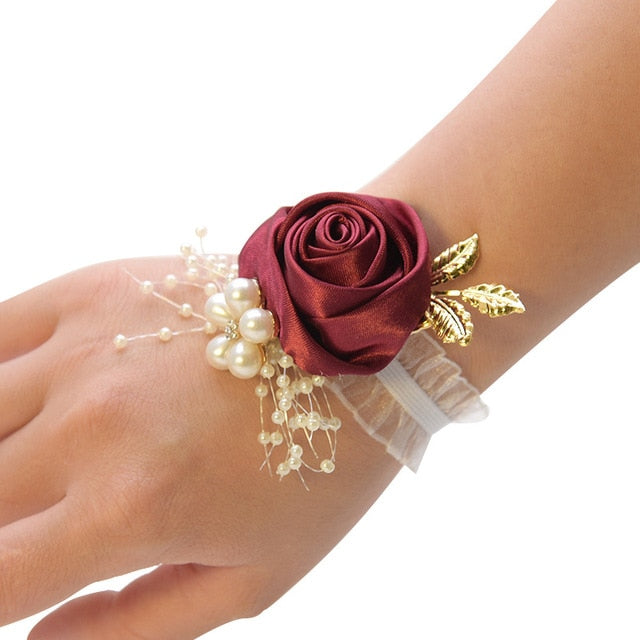 Bridesmaid Bracelet Wedding Corsage Bracelet Polyester Ribbon Rose Flowers Pearl Bow