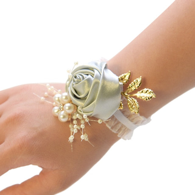 Bridesmaid Bracelet Wedding Corsage Bracelet Polyester Ribbon Rose Flowers Pearl Bow