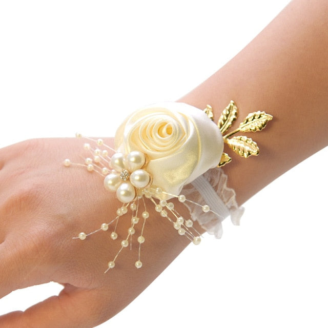 Bridesmaid Bracelet Wedding Corsage Bracelet Polyester Ribbon Rose Flowers Pearl Bow