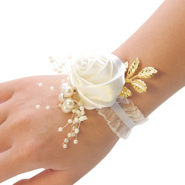 Bridesmaid Bracelet Wedding Corsage Bracelet Polyester Ribbon Rose Flowers Pearl Bow