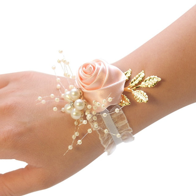 Bridesmaid Bracelet Wedding Corsage Bracelet Polyester Ribbon Rose Flowers Pearl Bow