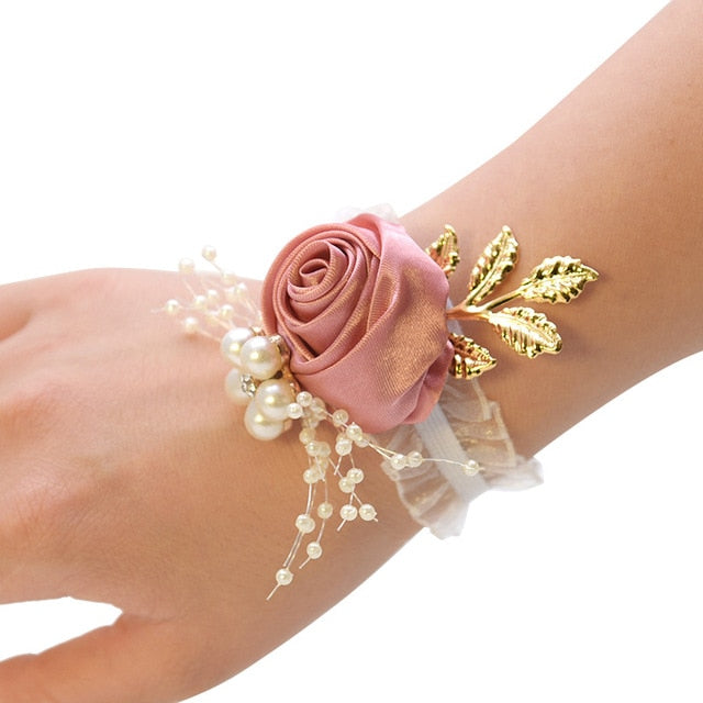 Bridesmaid Bracelet Wedding Corsage Bracelet Polyester Ribbon Rose Flowers Pearl Bow