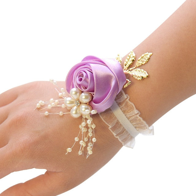 Bridesmaid Bracelet Wedding Corsage Bracelet Polyester Ribbon Rose Flowers Pearl Bow