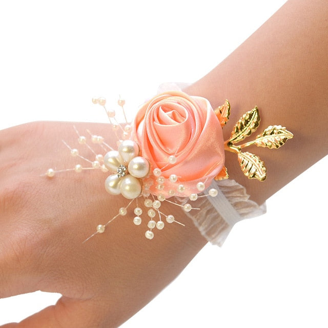 Bridesmaid Bracelet Wedding Corsage Bracelet Polyester Ribbon Rose Flowers Pearl Bow