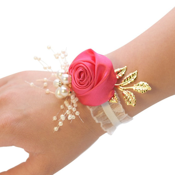 Bridesmaid Bracelet Wedding Corsage Bracelet Polyester Ribbon Rose Flowers Pearl Bow