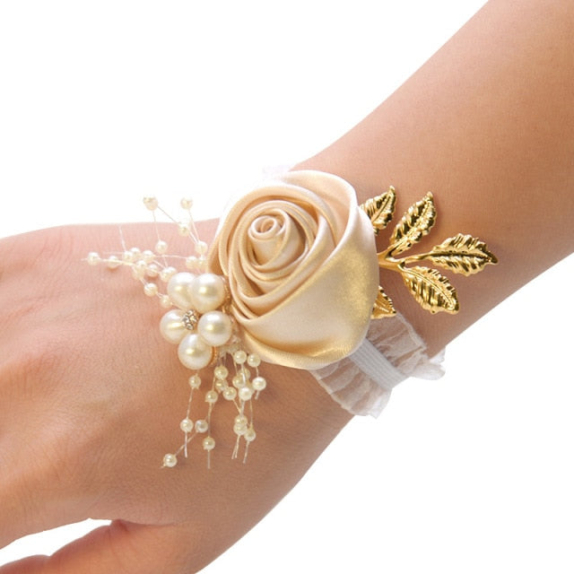 Bridesmaid Bracelet Wedding Corsage Bracelet Polyester Ribbon Rose Flowers Pearl Bow