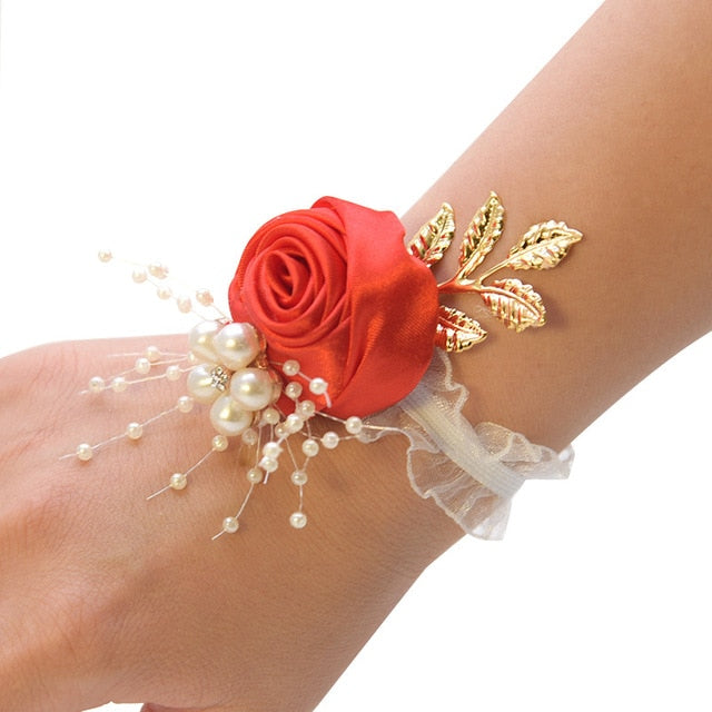 Bridesmaid Bracelet Wedding Corsage Bracelet Polyester Ribbon Rose Flowers Pearl Bow