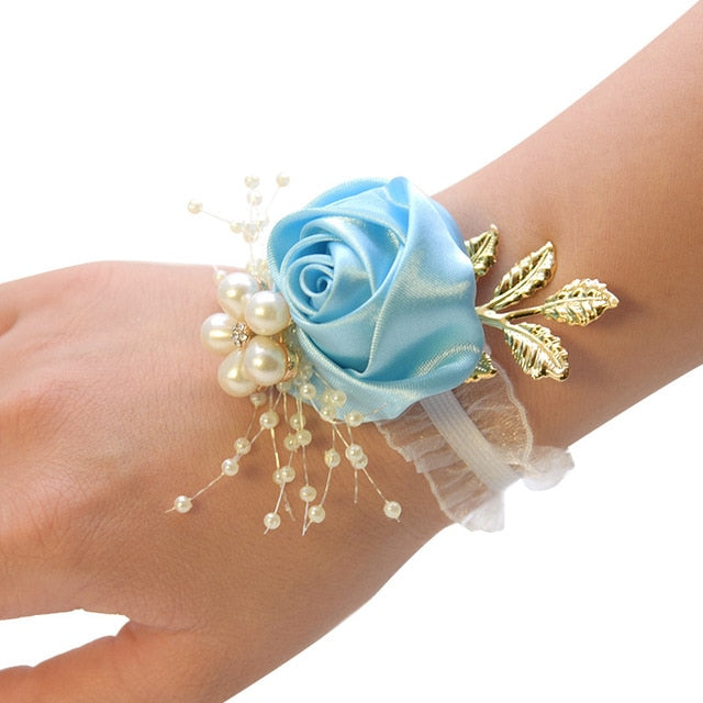 Bridesmaid Bracelet Wedding Corsage Bracelet Polyester Ribbon Rose Flowers Pearl Bow