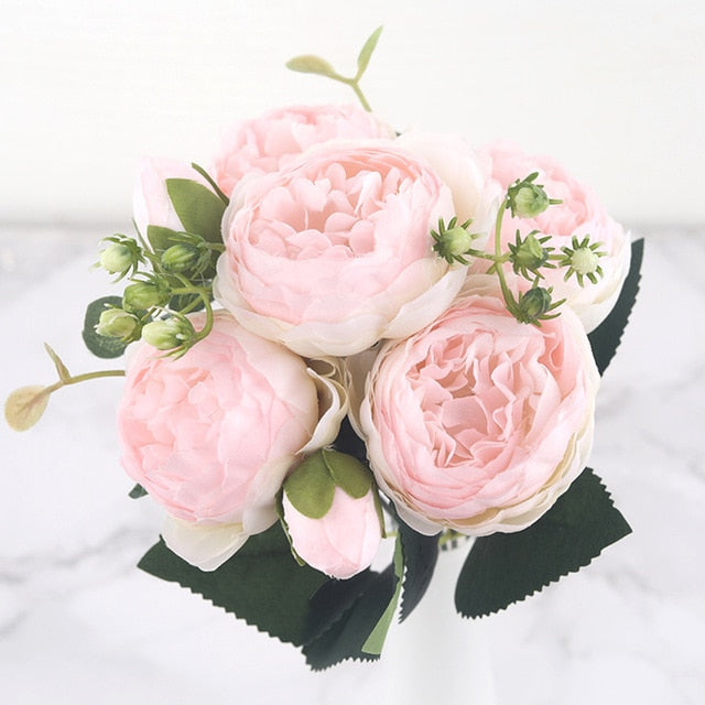 30cm Rose Pink Silk Peony Artificial Flowers Bouquet 5 Big Head and 4 Bud Cheap Fake Flowers for Home Wedding