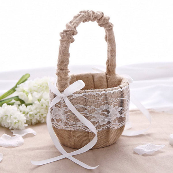 Wedding Ceremony Ring Pillow Flower Basket Lace Burlap Bowknot Vintage Basket