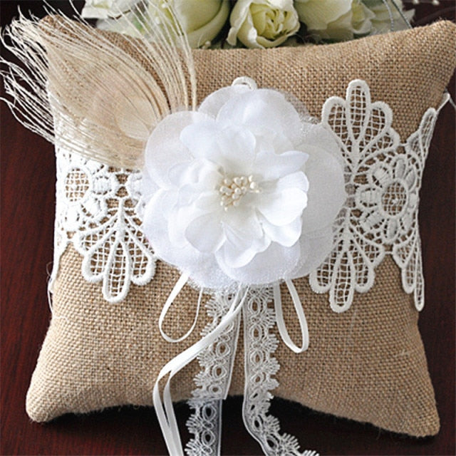 Wedding Ceremony Ring Pillow Flower Basket Lace Burlap Bowknot Vintage Basket