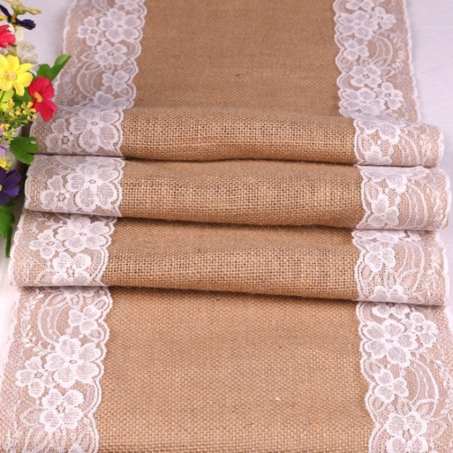 30cm*275cm Vintage White Christmas Lace Jute Table Runner Hessian Burlapon AA8208