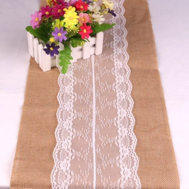 30cm*275cm Vintage White Christmas Lace Jute Table Runner Hessian Burlapon AA8208