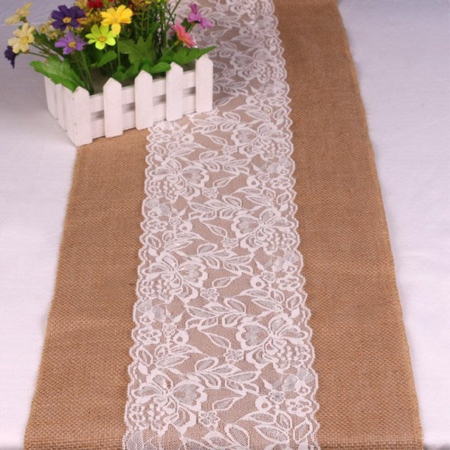 30cm*275cm Vintage White Christmas Lace Jute Table Runner Hessian Burlapon AA8208