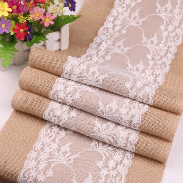 30cm*275cm Vintage White Christmas Lace Jute Table Runner Hessian Burlapon AA8208